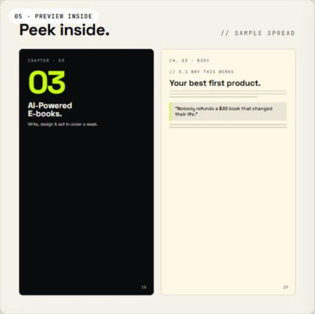 A preview spread showing chapter three titled AI-Powered E-books on the left and sample body text on the right.