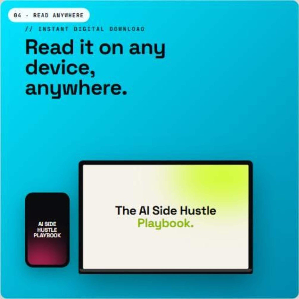 A bright blue promotional slide showing a smartphone and tablet displaying The AI Side Hustle Playbook.