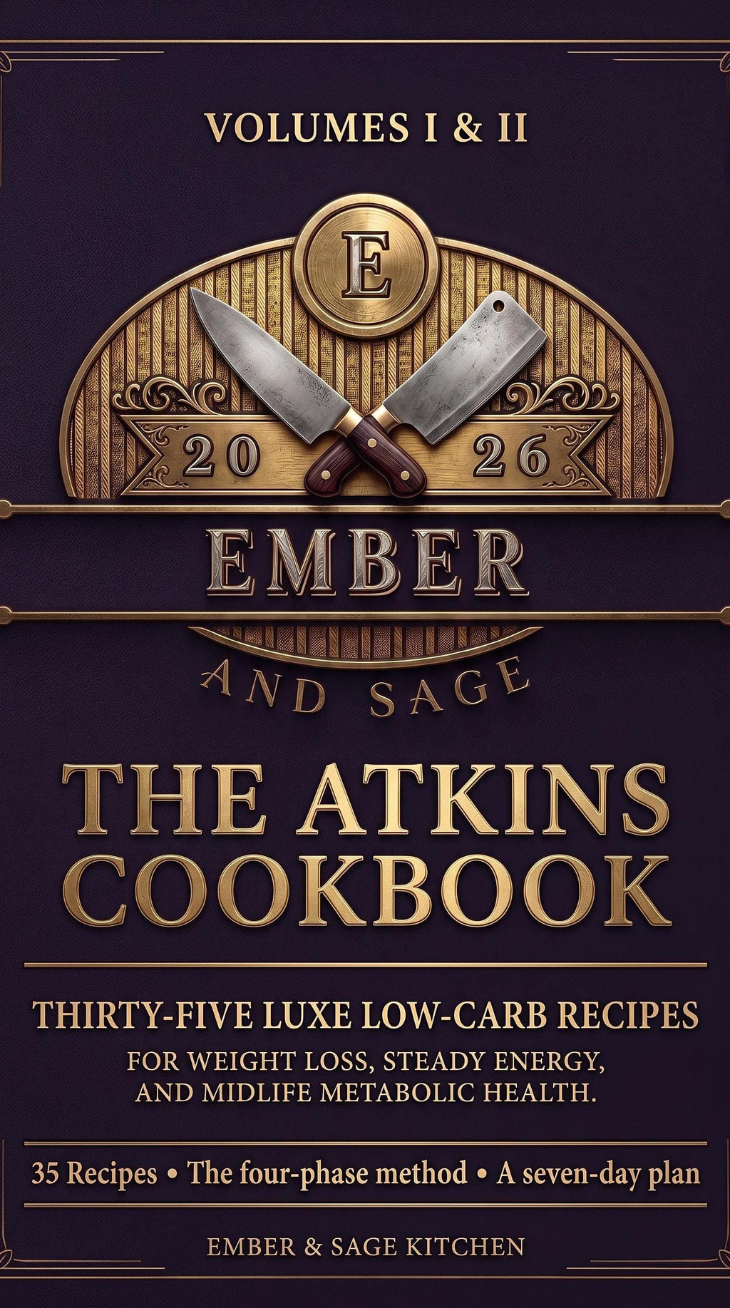 Dark purple cookbook cover with gold typography reading Volumes I and II, Ember and Sage, The Atkins Cookbook, and thirty-five luxe low-carb recipes.