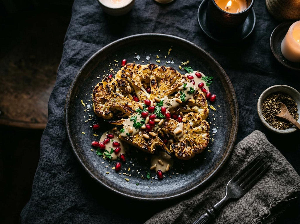 A roasted cauliflower steak on a dark plate, drizzled with tahini sauce, pomegranate seeds, toasted pine nuts, and lemon zest.