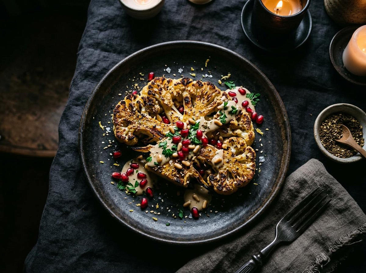 A roasted cauliflower steak on a dark plate, drizzled with tahini sauce, pomegranate seeds, toasted pine nuts, and lemon zest.