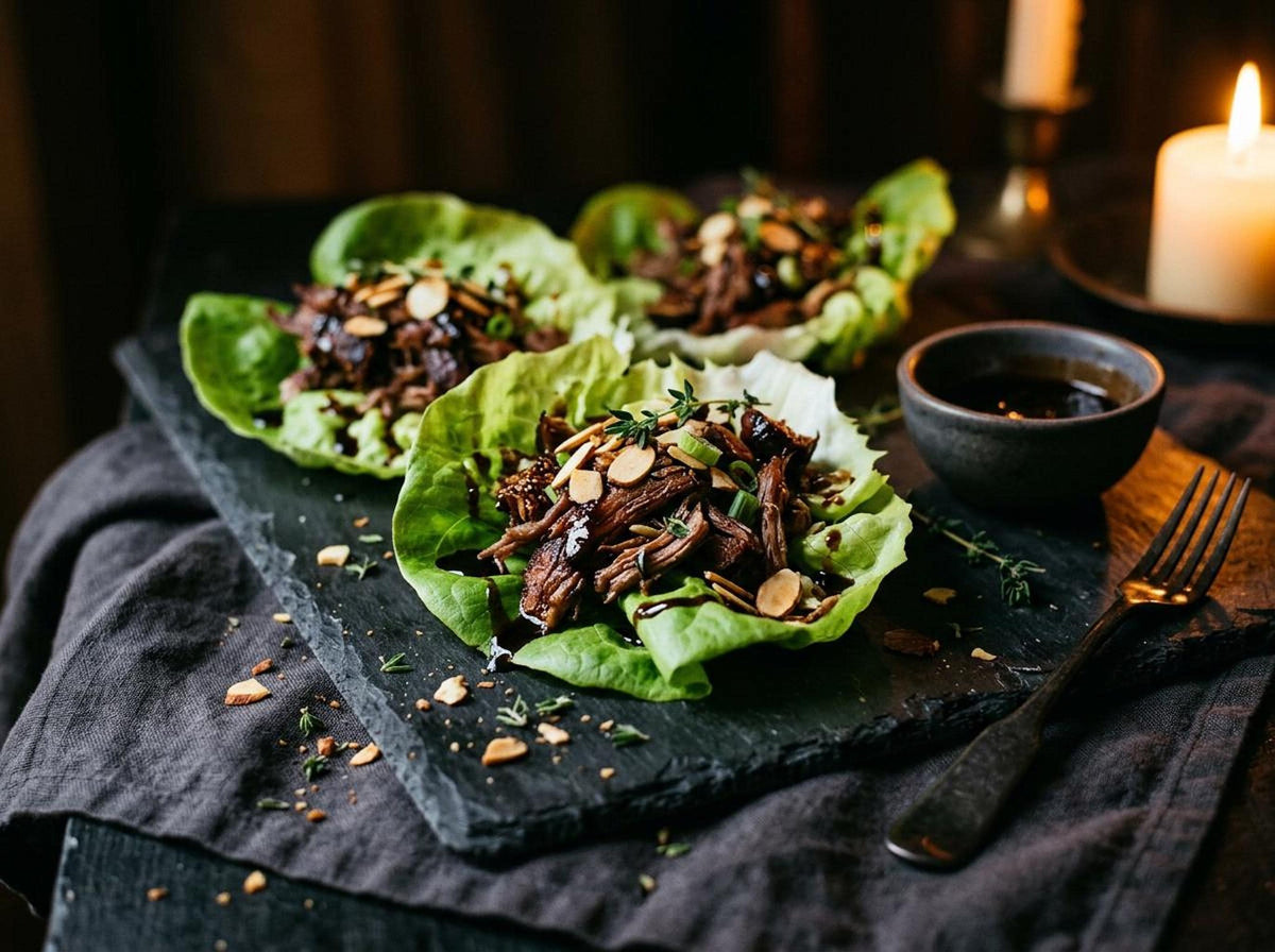 Appetizer lettuce wraps filled with seasoned shredded beef, topped with sliced almonds and green onions on a slate board.