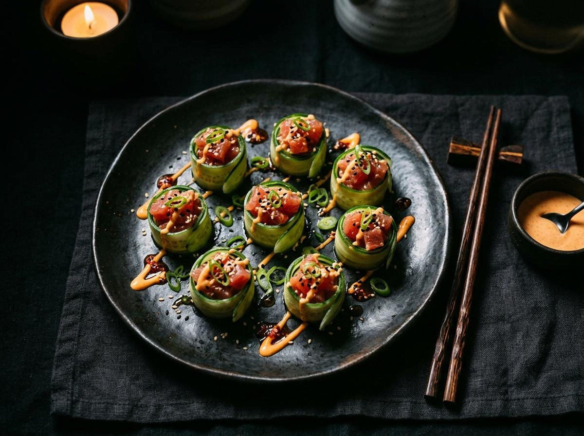 Sushi rolls made with cucumber ribbons and raw tuna tartare, garnished with spicy mayo, sesame seeds, and scallions on a black plate.