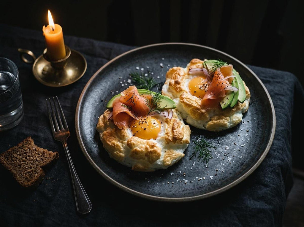 Two baked egg dishes topped with smoked salmon, avocado slices, red onion, and dill on a dark plate next to a lit candle.