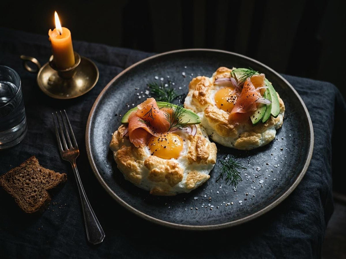 Two baked egg dishes topped with smoked salmon, avocado slices, red onion, and dill on a dark plate next to a lit candle.