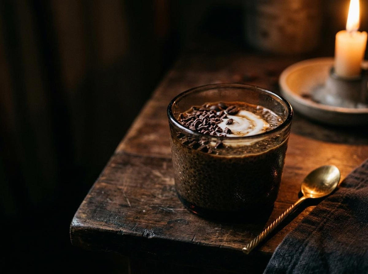 A glass of chia pudding topped with cream and chocolate nibs sits on a dark wooden table beside a gold spoon and a lit candle.