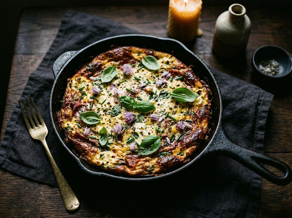 A baked frittata in a cast iron skillet garnished with basil leaves and purple chive flowers on a dark cloth.