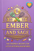 Purple Ember and Sage Junior cookbook cover with gold lettering, illustrated cooking utensils, small fruit and cupcake decorations, and a gold emblem at the top.