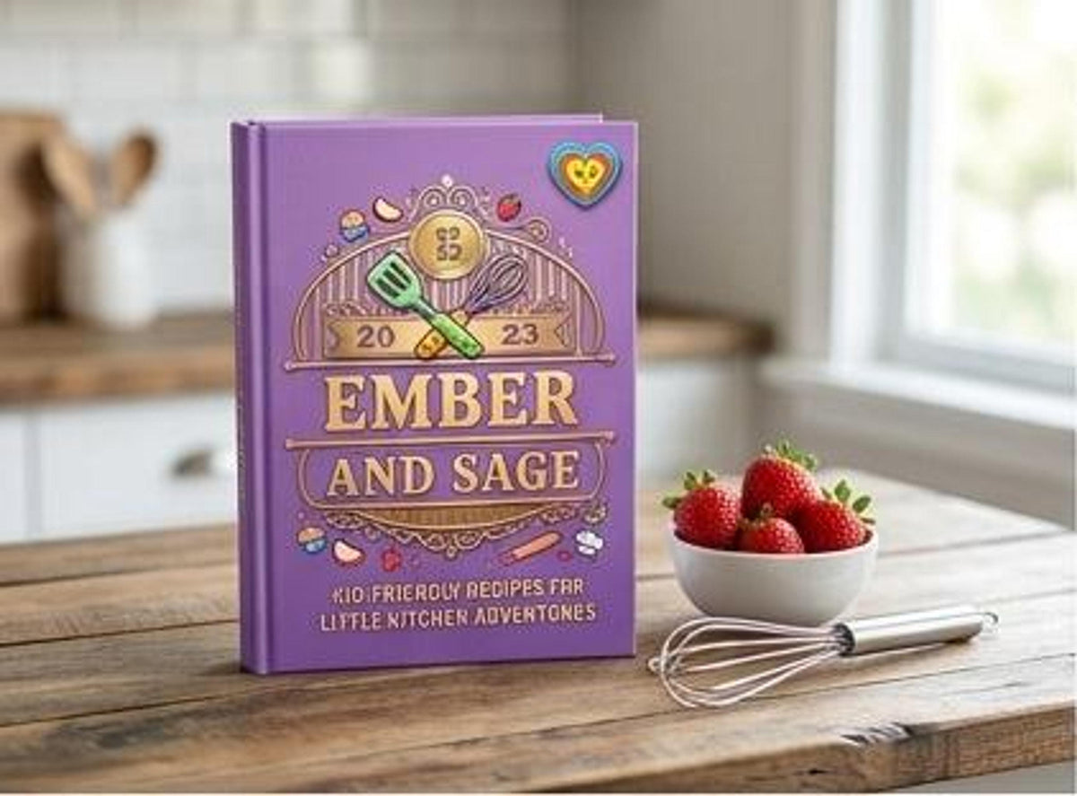 A purple children cookbook stands on a wooden kitchen counter beside a bowl of fresh strawberries and a whisk.