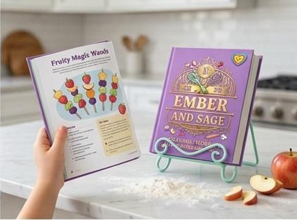 A child holds an open children cookbook showing a recipe for fruit skewers next to a second copy displayed on a stand.