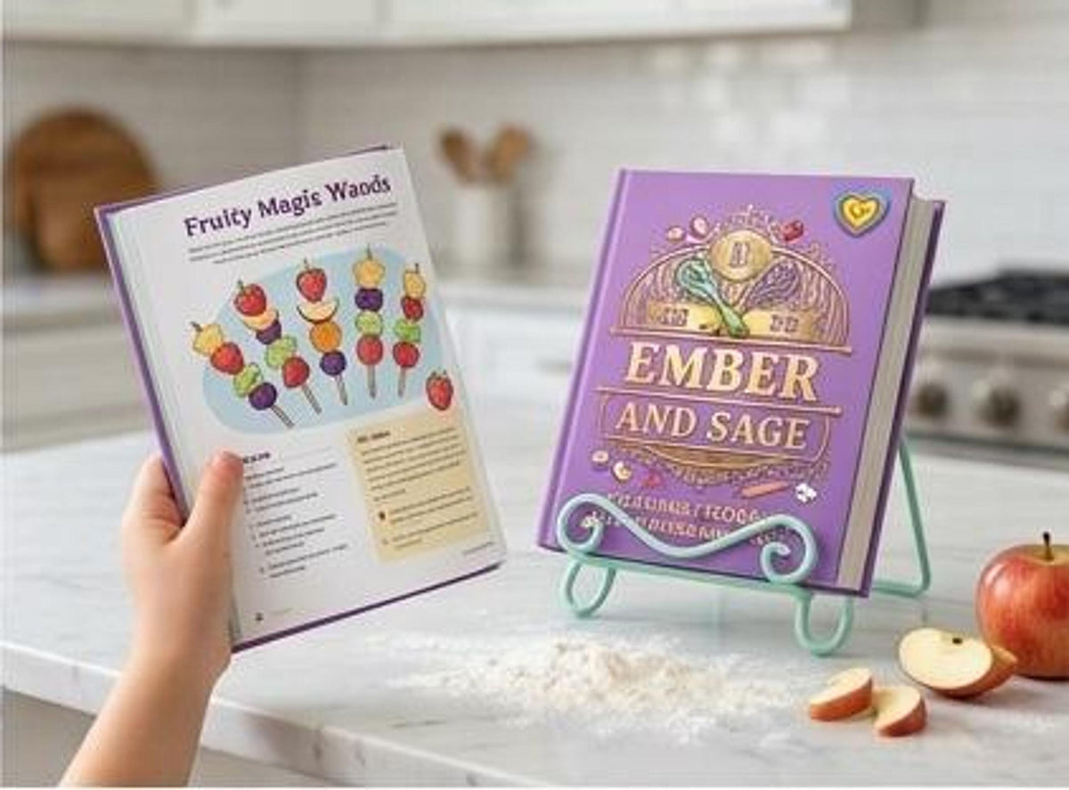 A child holds an open children cookbook showing a recipe for fruit skewers next to a second copy displayed on a stand.