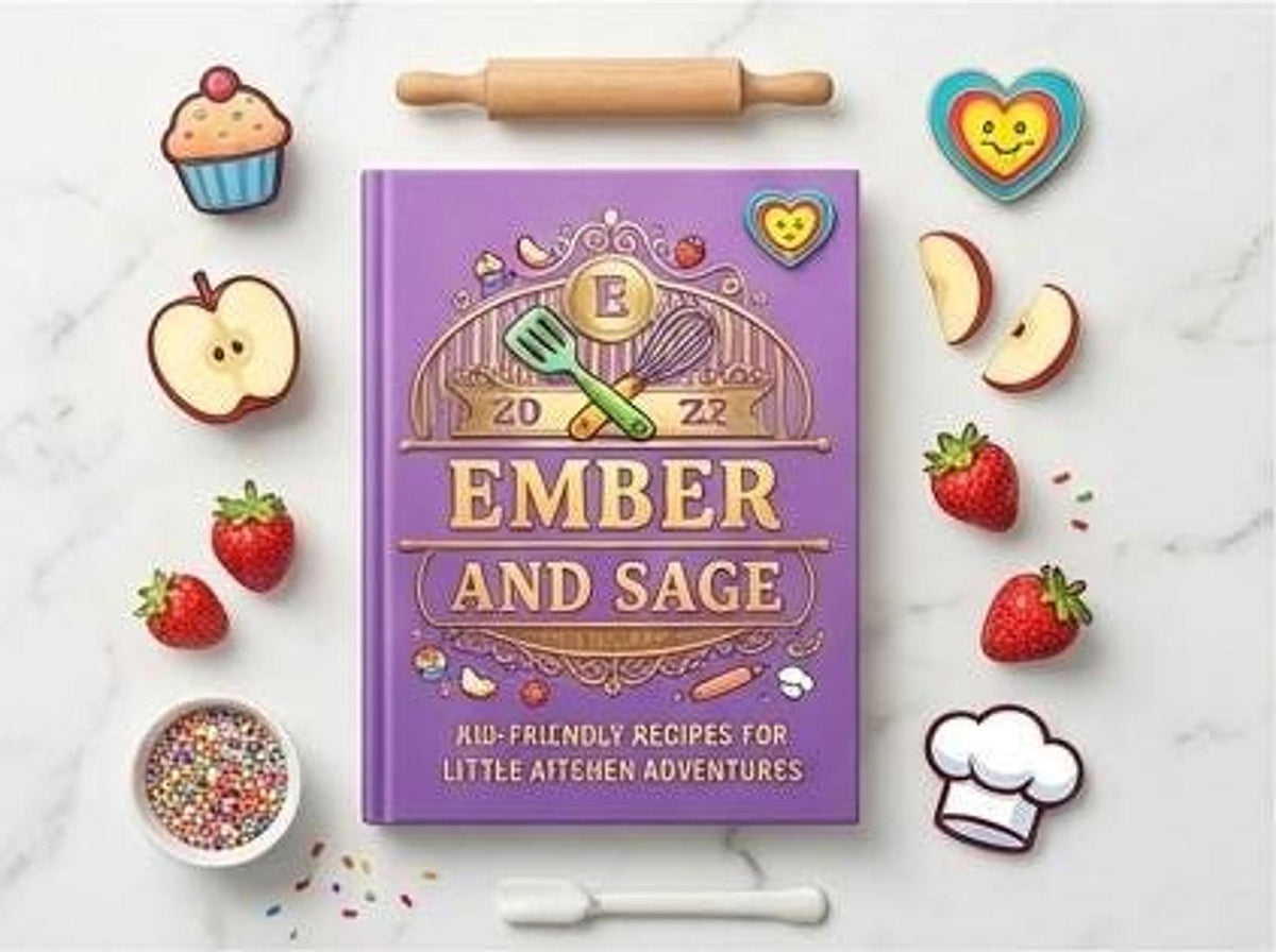 A purple children cookbook lies flat surrounded by baking-themed sticker cutouts of fruit, cupcakes, and a chef hat on a white surface.