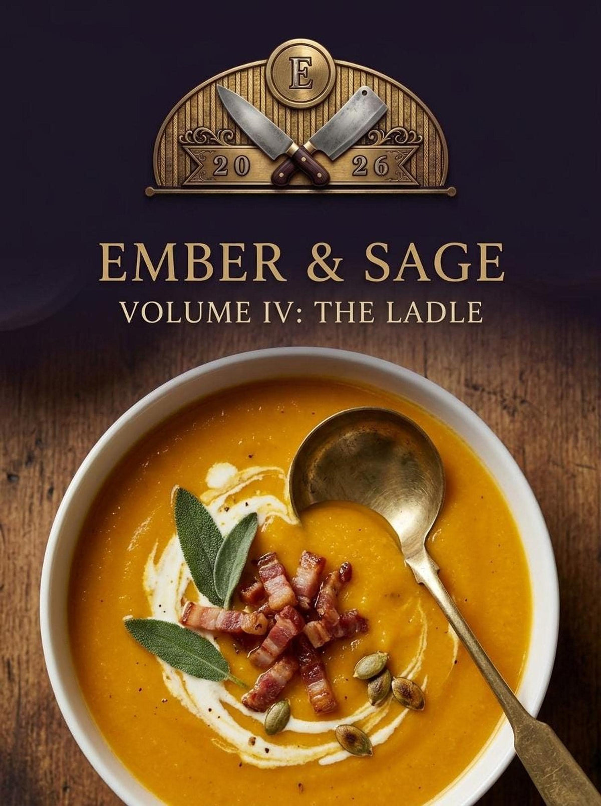 Ember & Sage Volume IV: The Ladle cookbook cover with gold lettering above a bowl of golden soup, a spoon, sage leaves, and bacon pieces.