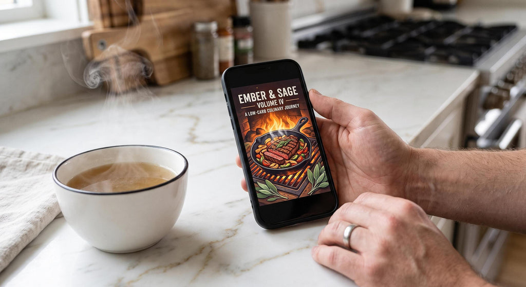 Person holding a smartphone displaying a digital cookbook cover for Ember and Sage Volume IV in a kitchen with a bowl of soup.