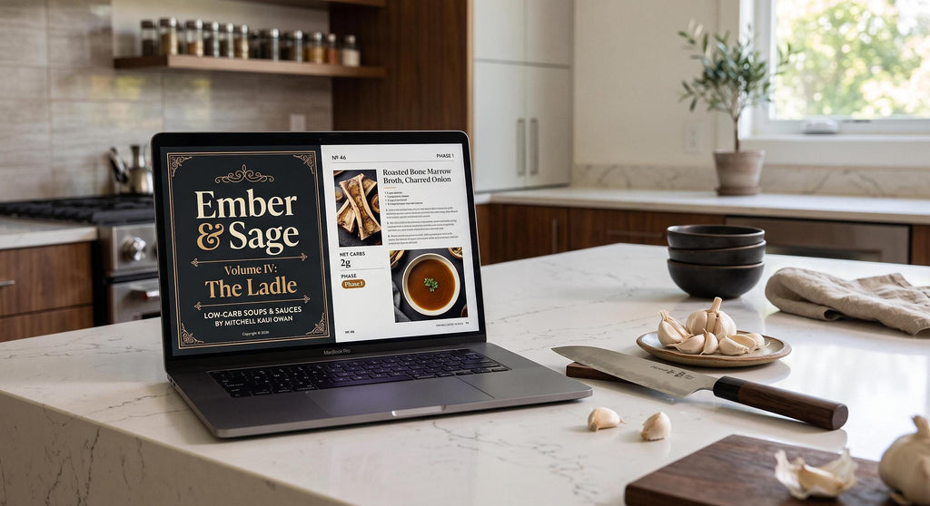 Laptop open on a kitchen counter displaying a recipe page titled Roasted Bone Marrow Broth, Charred Onion from Ember and Sage Volume IV.