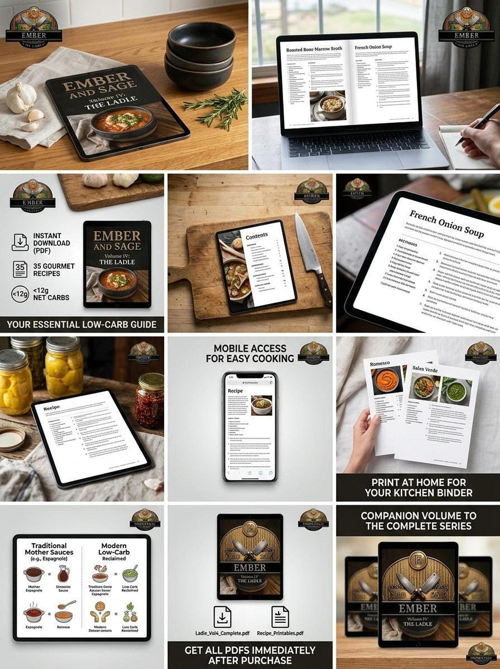 Collage of marketing graphics for the digital cookbook Ember and Sage Volume IV showing soup recipes, downloads, and sample pages.