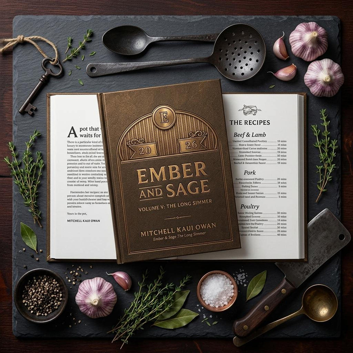 An open hardcover cookbook titled Ember & Sage rests on a dark slate surface surrounded by fresh garlic, herbs, salt, a vintage key, and cooking utensils.