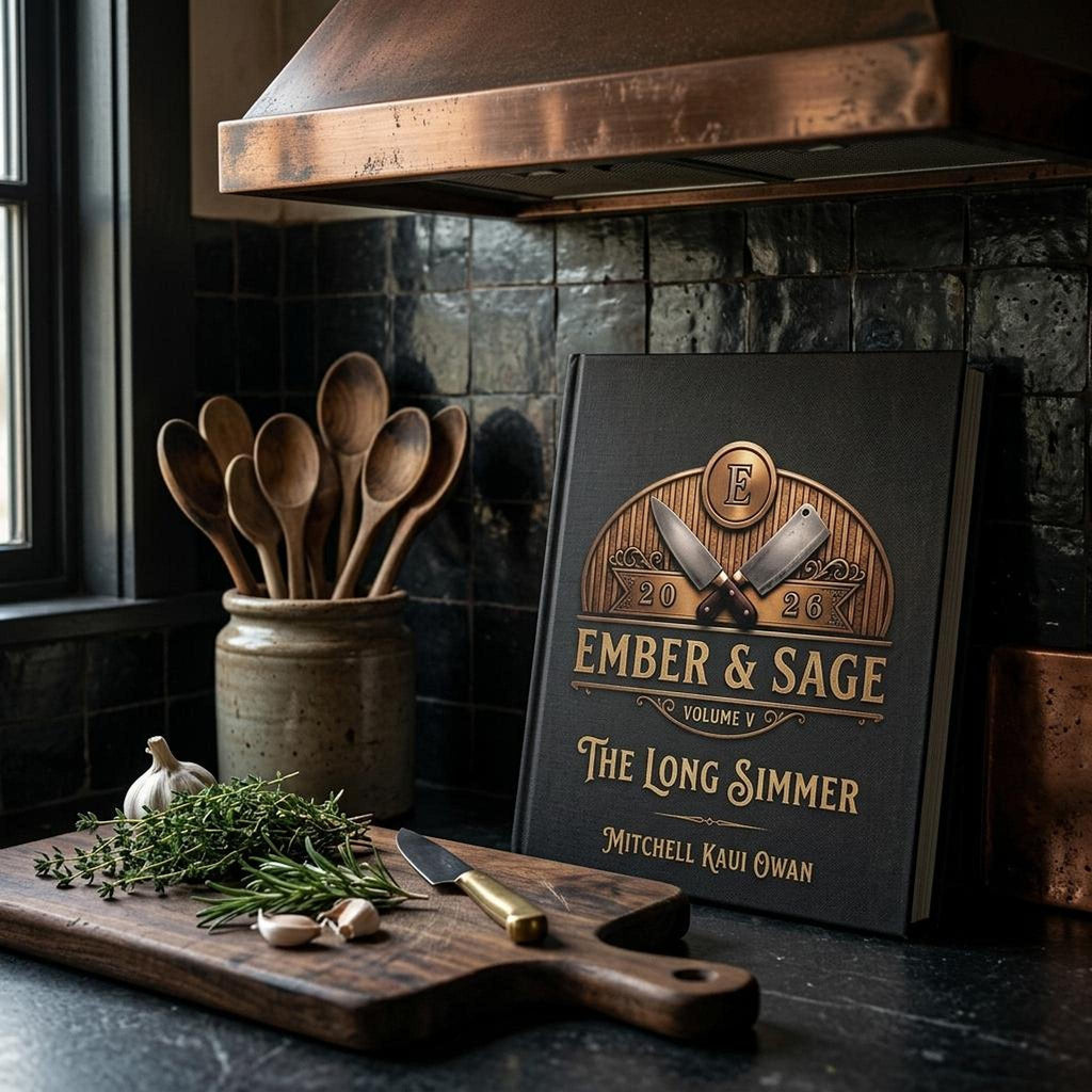 A black hardcover cookbook titled Ember & Sage: The Long Simmer sits on a dark kitchen counter next to a cutting board with herbs and garlic.