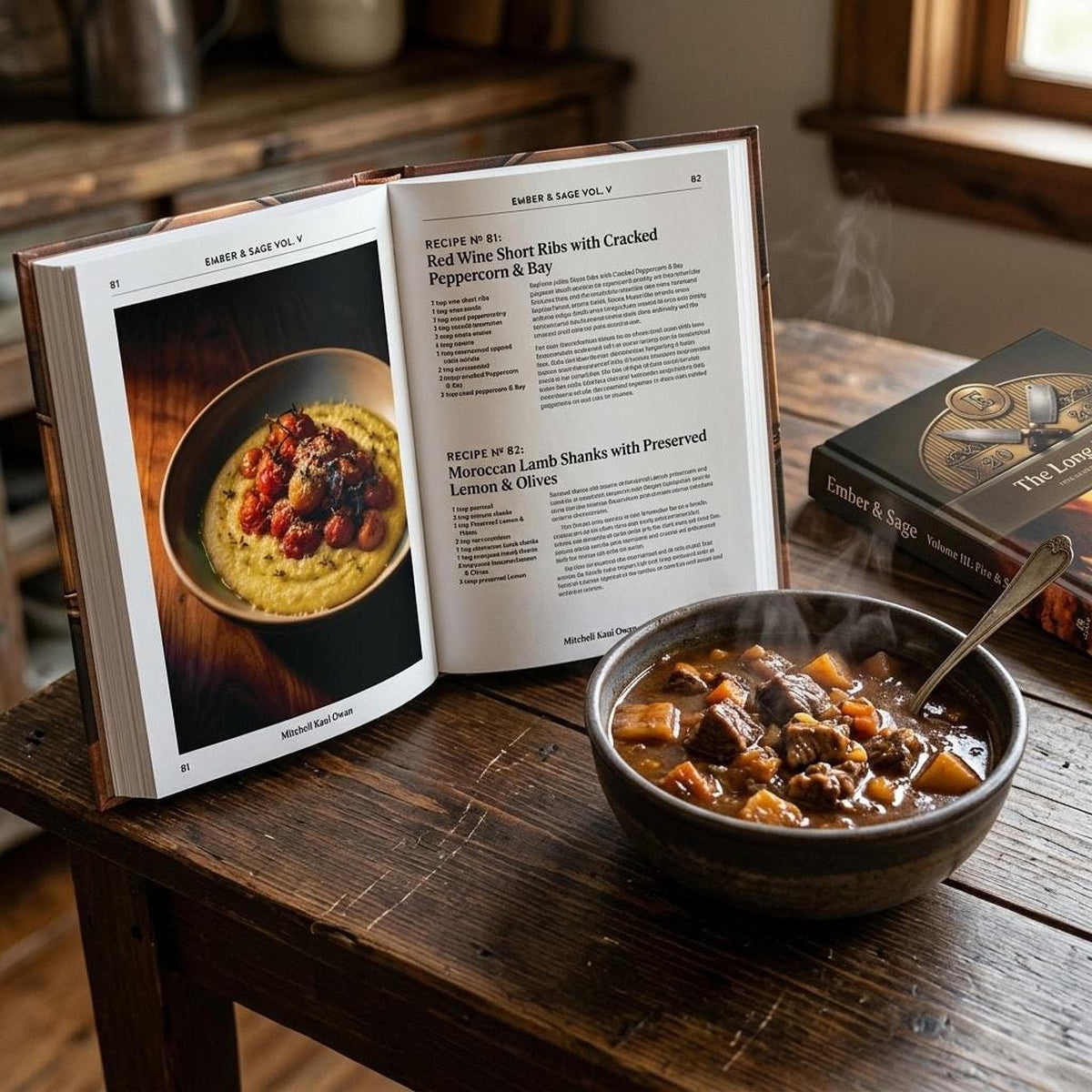 An open cookbook displays recipes for short ribs and lamb shanks alongside a bowl of stew, resting on a wooden table.