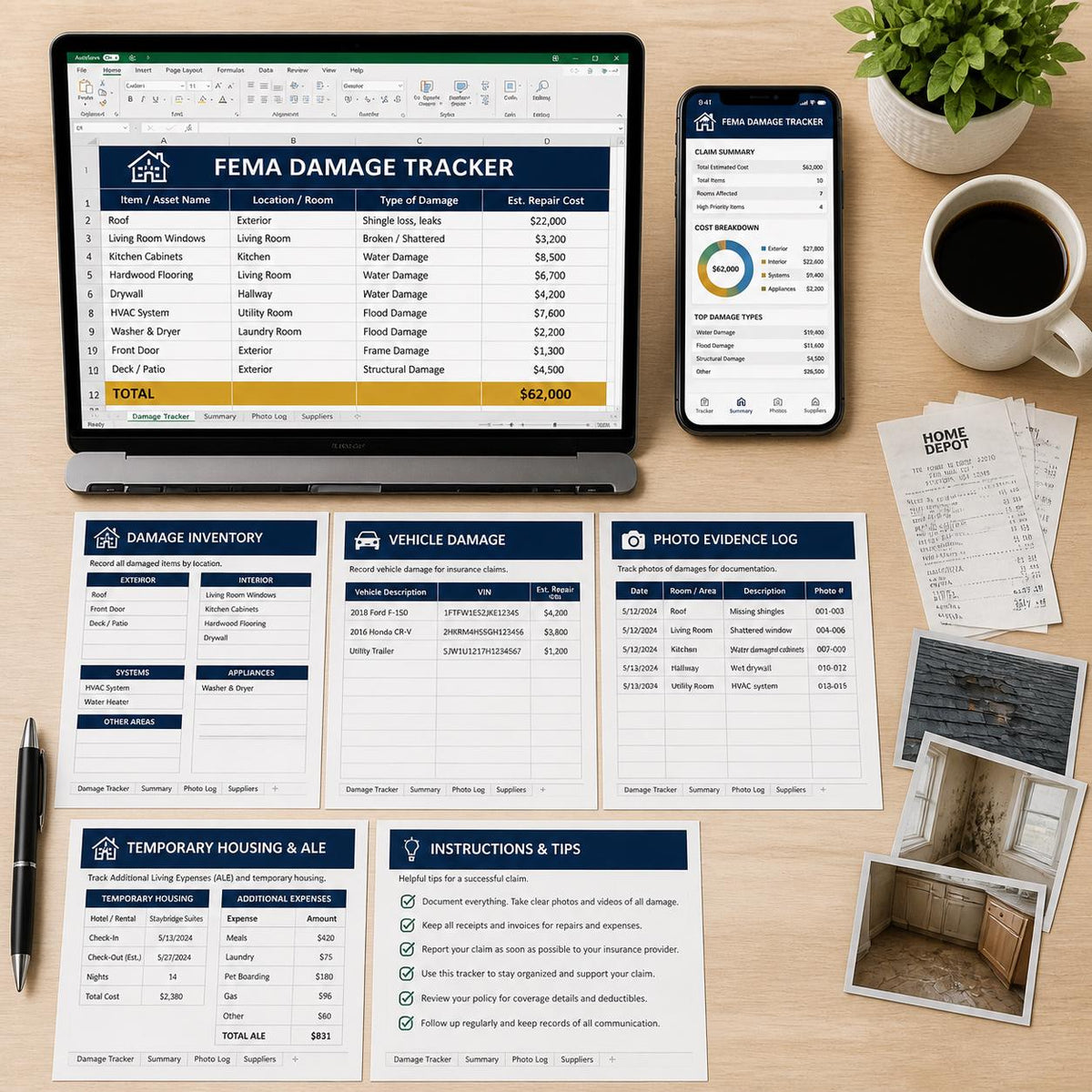 Disaster damage tracker mockup on a laptop and phone, with printed damage inventory, vehicle damage, photo evidence, housing expense, and instruction sheets on a desk.