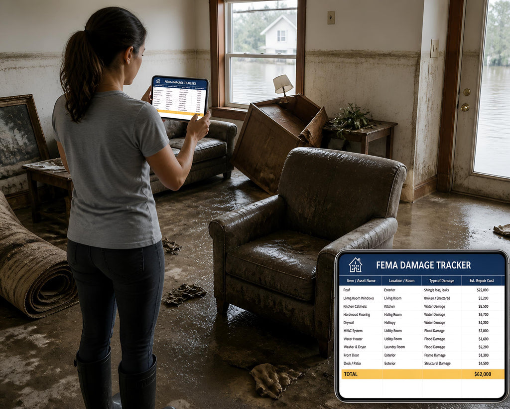 A tablet displaying a FEMA Damage Tracker spreadsheet with columns for item name, location, type of damage, and estimated repair cost, totaling $62,000, held in a room with water-damaged furniture and flooded flooring.