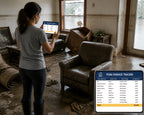 A tablet displaying a FEMA Damage Tracker spreadsheet with columns for item name, location, type of damage, and estimated repair cost, totaling $62,000, held in a room with water-damaged furniture and flooded flooring.