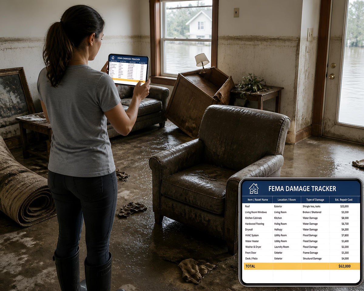 A tablet displaying a FEMA Damage Tracker spreadsheet with columns for item name, location, type of damage, and estimated repair cost, totaling $62,000, held in a room with water-damaged furniture and flooded flooring.