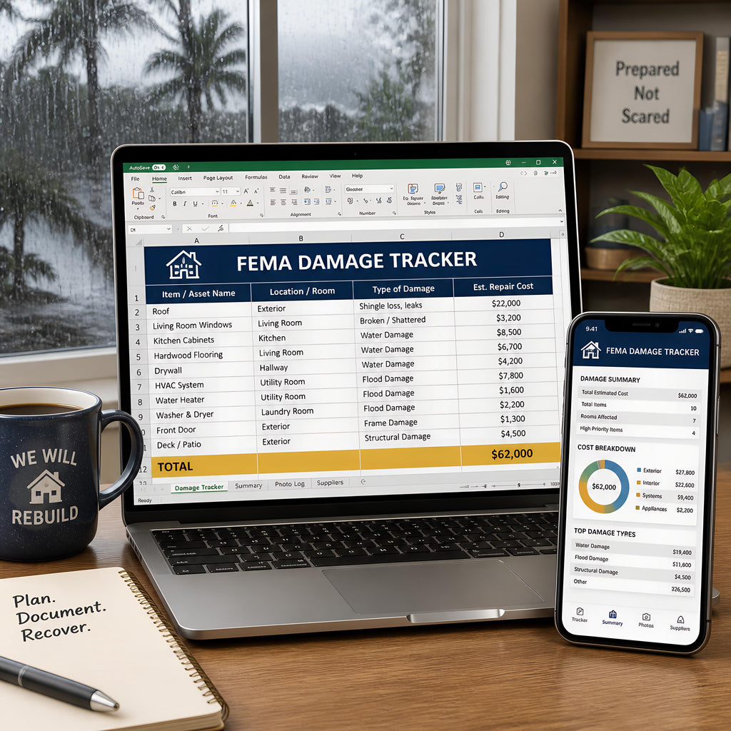 A laptop displaying a FEMA Damage Tracker spreadsheet, a smartphone showing a damage summary app, a dark blue mug with the text We Will Rebuild, and a notebook with the text Plan. Document. Recover. on a wooden desk surface.