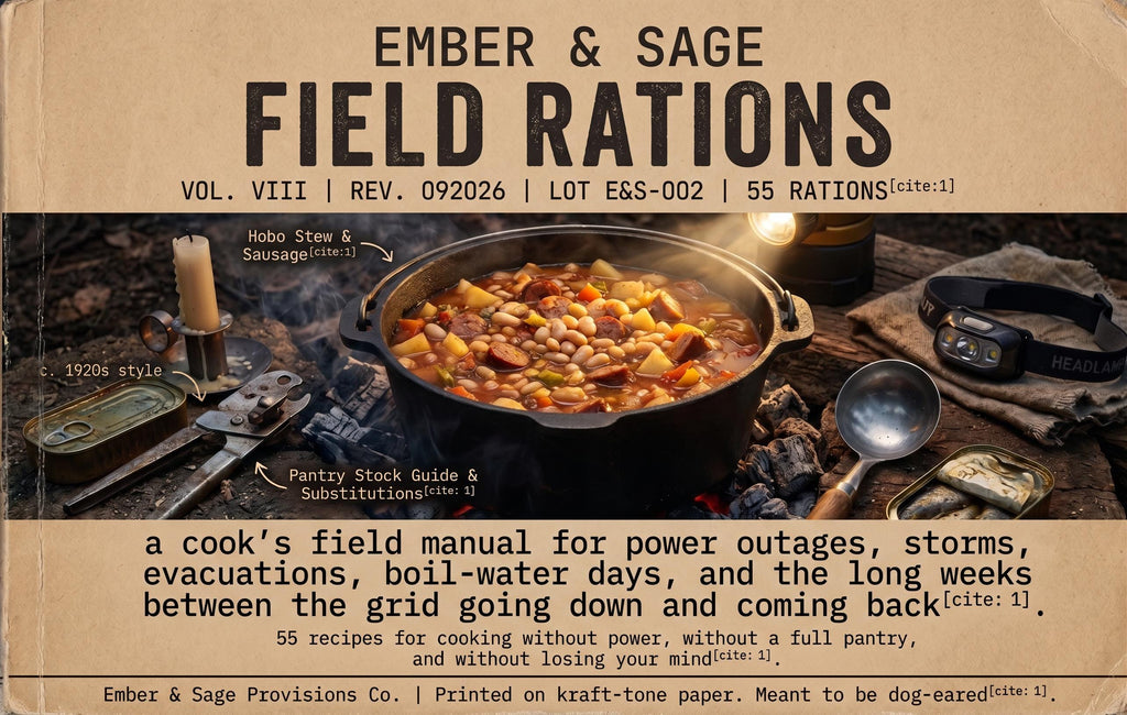 Ember & Sage Field Rations Volume VIII cover with a pot of stew, camping utensils, and tan title panels describing recipes for power outages and storms.