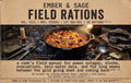 Ember & Sage Field Rations Volume VIII cover with a pot of stew, camping utensils, and tan title panels describing recipes for power outages and storms.