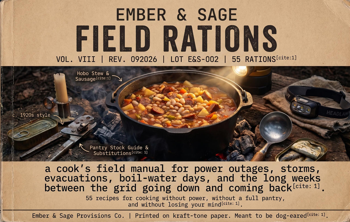 Ember & Sage Field Rations Volume VIII cover with a pot of stew, camping utensils, and tan title panels describing recipes for power outages and storms.