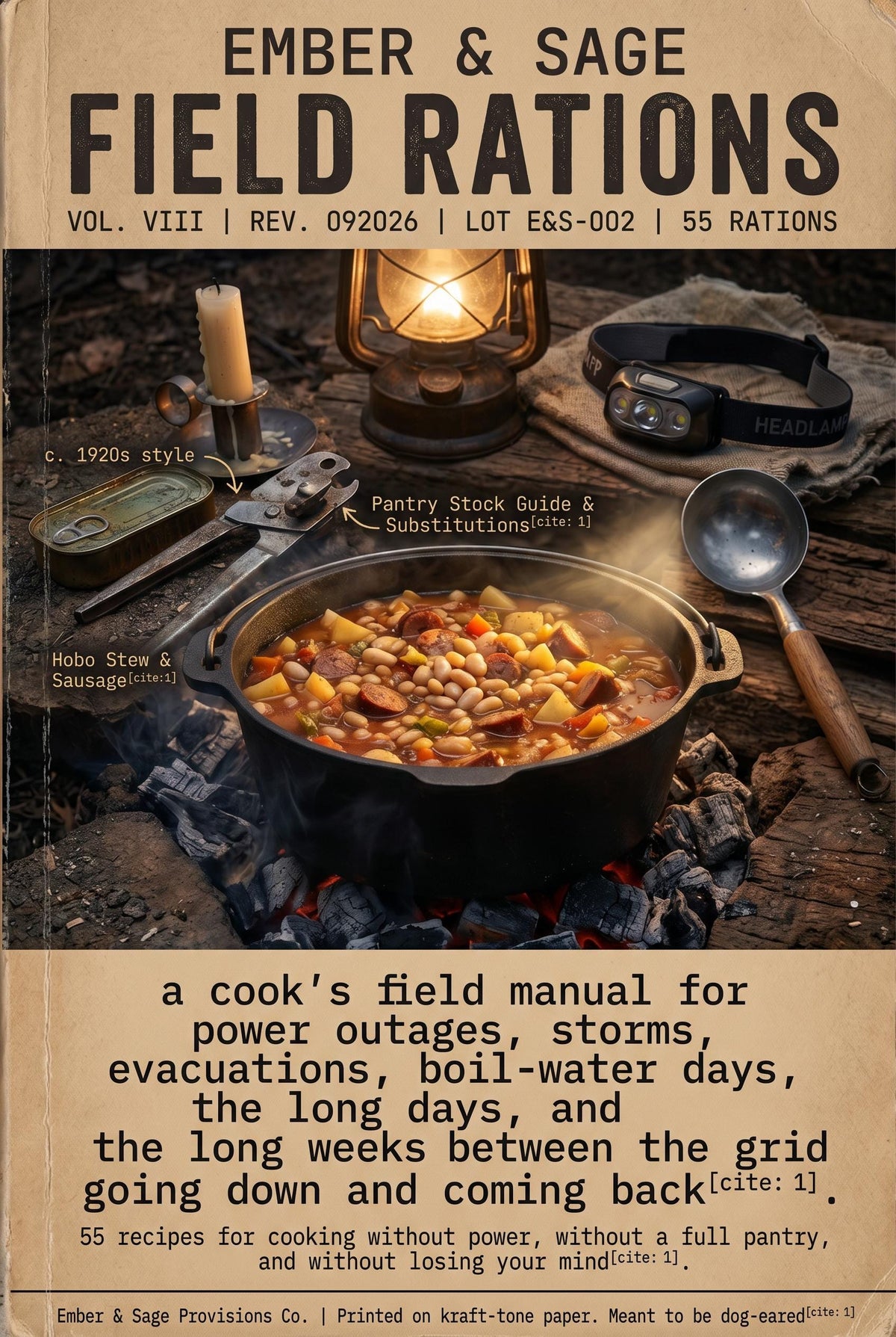 A field manual titled Ember & Sage Field Rations Vol. VIII featuring a cast iron pot of stew, a lantern, a headlamp, a candle, and a can opener. The text describes a guide for cooking during power outages and emergency situations.