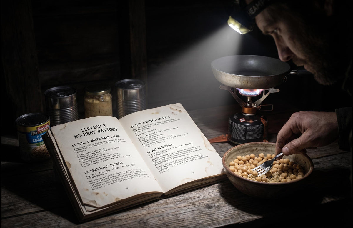 An open cookbook titled Section 1 No-Heat Rations sits next to a bowl of chickpeas and a metal frying pan on a portable camping stove. The scene is illuminated by a headlamp, highlighting the text and the food in a dark setting.