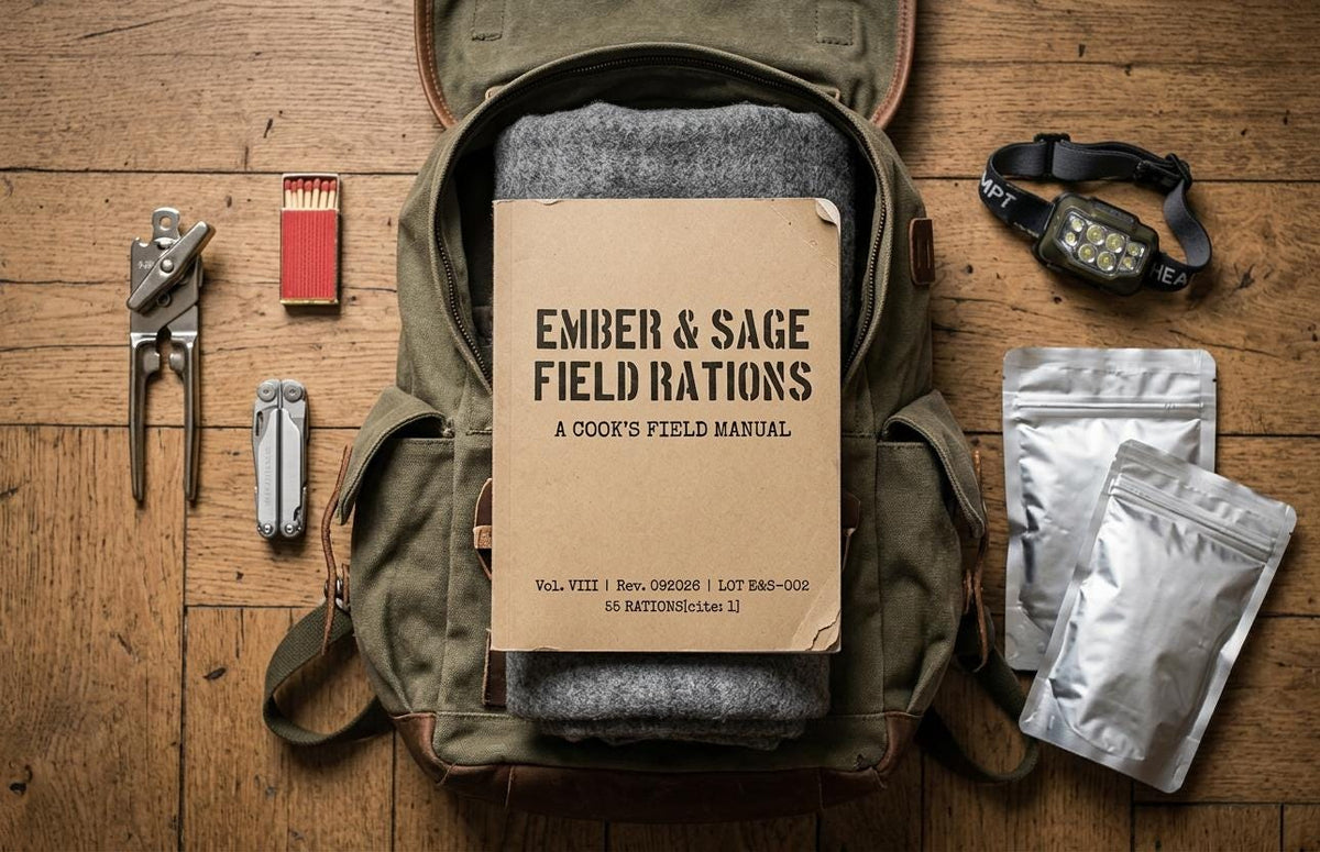 An olive green canvas backpack containing a gray wool blanket and a tan manual titled Ember & Sage Field Rations. Surrounding items include a metal can opener, a box of matches, a multi-tool, a black headlamp, and two silver food pouches.