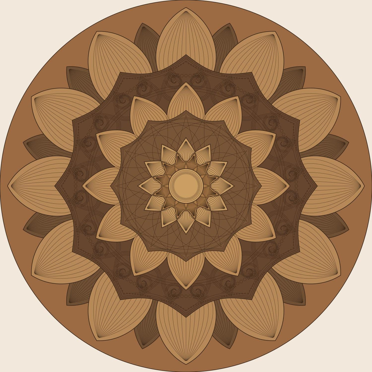 A circular mandala graphic featuring layered, symmetrical flower petals in shades of light tan, medium brown, and dark chocolate brown. The design includes a central circular core surrounded by concentric rings of pointed, line-detailed petals.