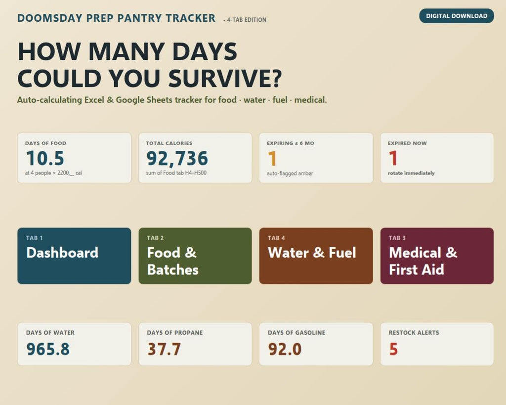 A digital Doomsday Prep Pantry Tracker spreadsheet template with a beige background. The interface displays text including How Many Days Could You Survive, with sections for food, water, fuel, and medical supplies, plus four colored tabs.
