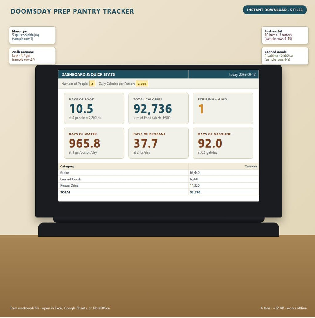 A digital Doomsday Prep Pantry Tracker dashboard displayed on a screen. The interface shows statistics for food, water, propane, and gasoline supplies, including total calories, days of food, and expiration alerts for 4 people at 2,200 calories.