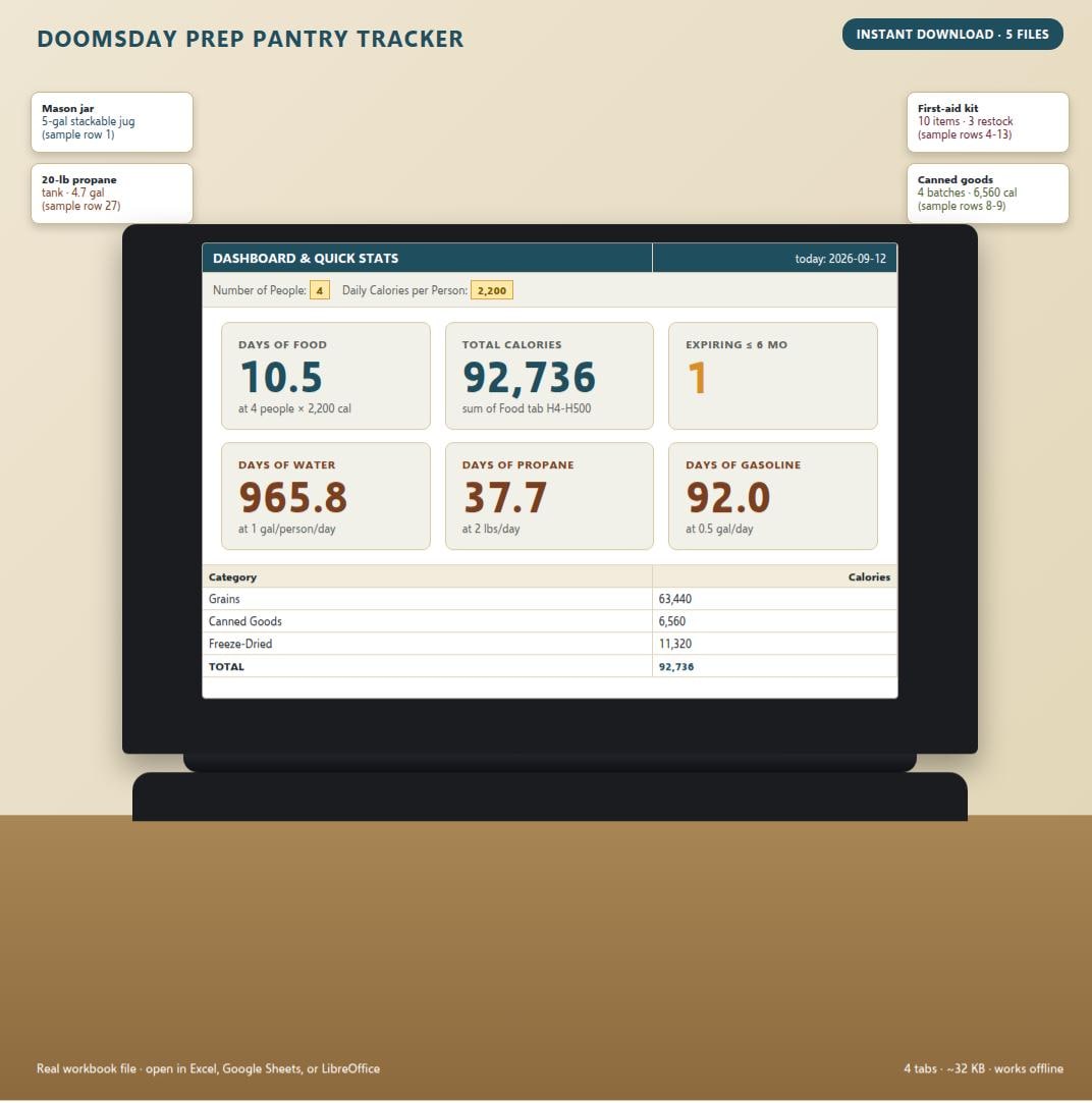 A digital Doomsday Prep Pantry Tracker dashboard displayed on a screen. The interface shows statistics for food, water, propane, and gasoline supplies, including total calories, days of food, and expiration alerts for 4 people at 2,200 calories.