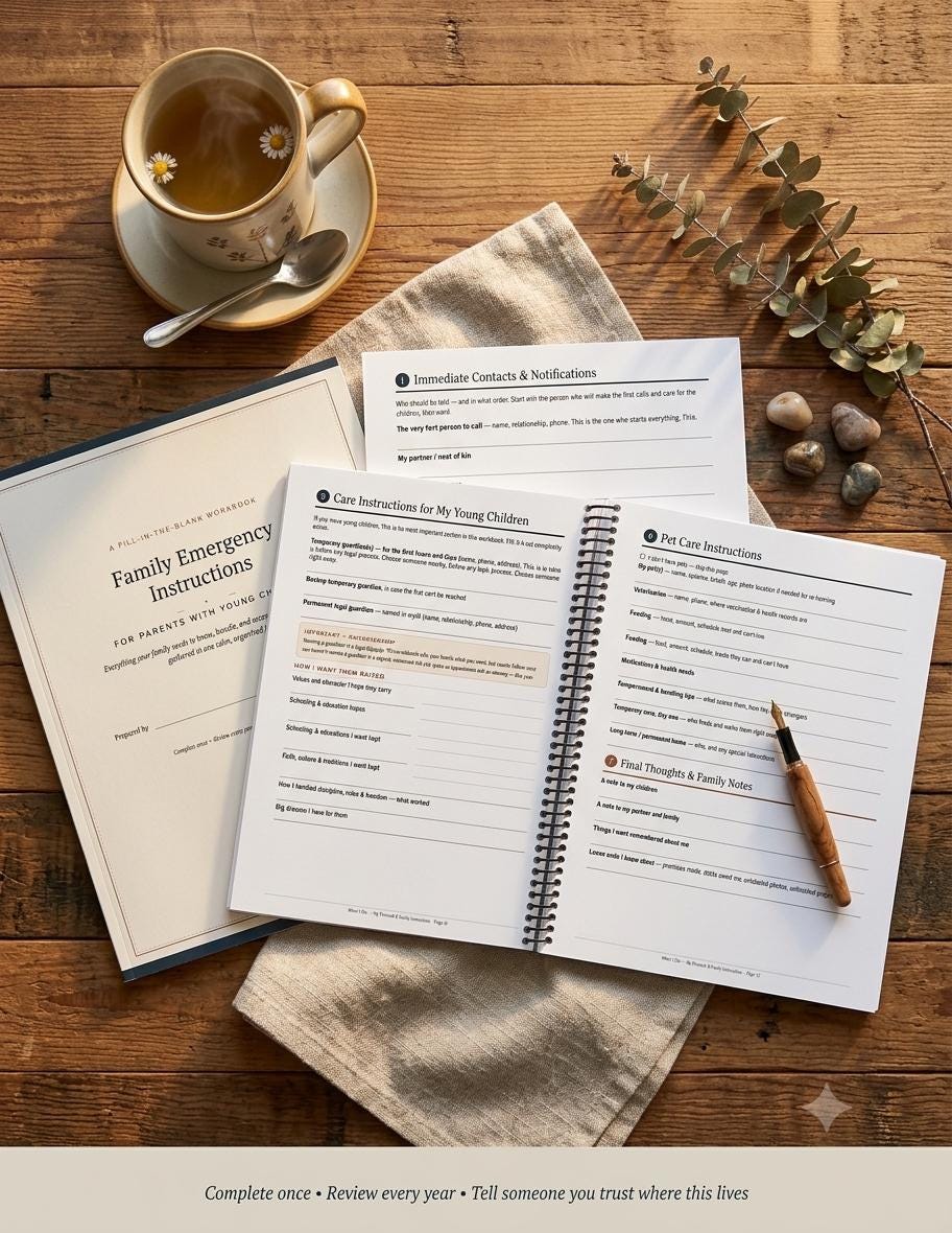 A spiral-bound Family Emergency Instructions workbook for parents with young children, featuring fill-in-the-blank sections for immediate contacts, child care, and pet care instructions, accompanied by a wooden fountain pen.