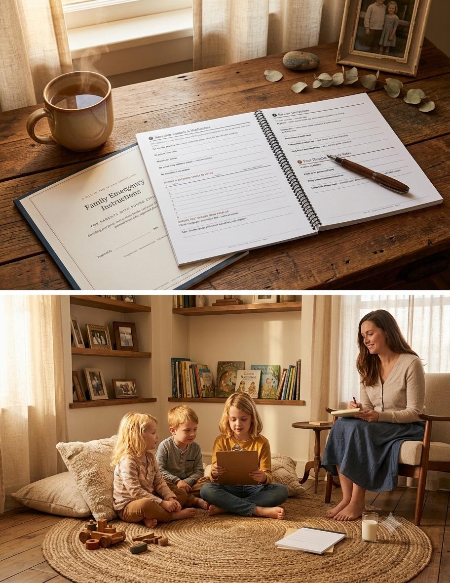 A spiral-bound Family Emergency Instructions workbook with white pages and black text, featuring sections for emergency contacts, medical information, and pet care instructions, accompanied by a dark brown wooden ballpoint pen.