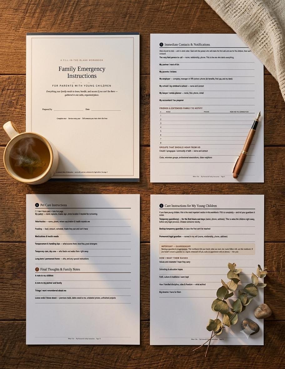 A set of four printed pages titled Family Emergency Instructions for parents with young children, featuring fill-in-the-blank sections for contacts, pet care, and child care, accompanied by a ceramic mug and a fountain pen.