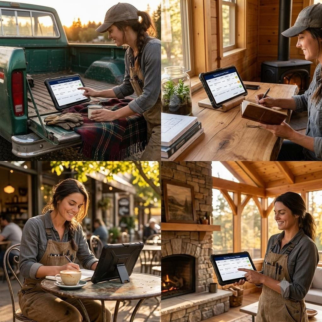 A collage showing a woman using a digital tablet displaying spreadsheet data in various settings including a truck tailgate, a wooden desk, an outdoor cafe, and by a stone fireplace.