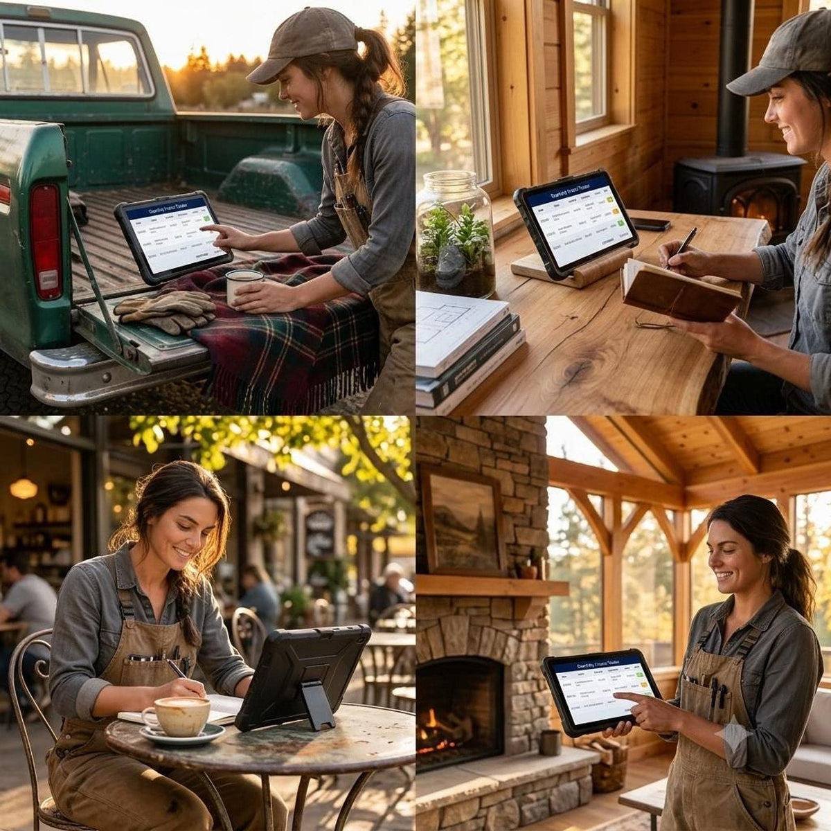 A collage showing a woman using a digital tablet displaying spreadsheet data in various settings including a truck tailgate, a wooden desk, an outdoor cafe, and by a stone fireplace.