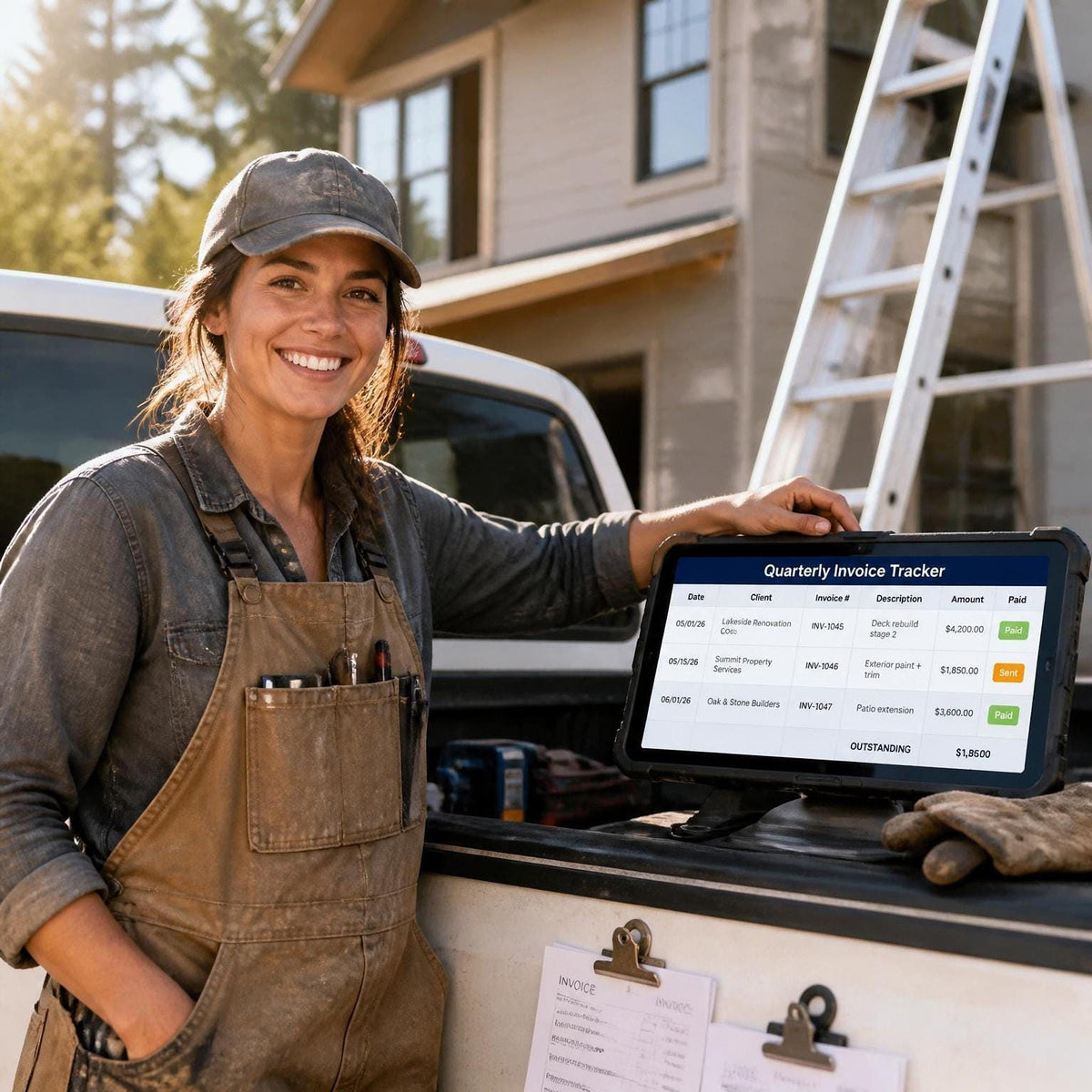 A smiling woman wearing overalls and a cap stands by the open tailgate of a pickup truck, touching a tablet displaying a quarterly invoice tracker.