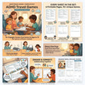 A digital download set of ADHD Travel Games featuring 6 printable pages and 15+ screen-free activities for ages 6-11. Includes flight plan parent sheets, mission notes, and target sheets in A4 and US Letter layouts for easy printing.