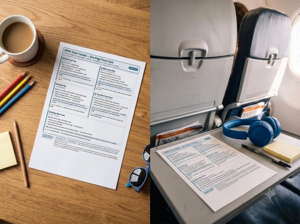 A white paper titled ADHD Travel Games One-Page Travel Card featuring various activity instructions, displayed on a wooden desk with a coffee mug, pencils, and sunglasses, and on an airplane tray table with blue headphones and a pen.