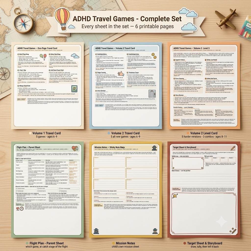 A set of six printable ADHD Travel Games sheets featuring instructions and activity templates. The pages include Volume 1 and 2 travel cards, a flight plan parent sheet, mission notes, and a target sheet with a storyboard layout.
