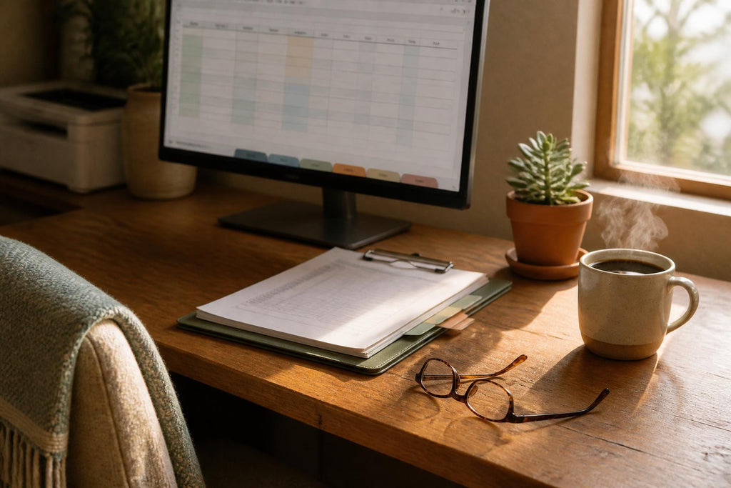 A wooden desk workspace featuring a computer monitor displaying a spreadsheet, a white paper document on a green clipboard, a pair of brown-rimmed eyeglasses, a steaming ceramic mug, and a small potted succulent plant.