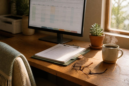 A wooden desk workspace featuring a computer monitor displaying a spreadsheet, a white paper document on a green clipboard, a pair of brown-rimmed eyeglasses, a steaming ceramic mug, and a small potted succulent plant.
