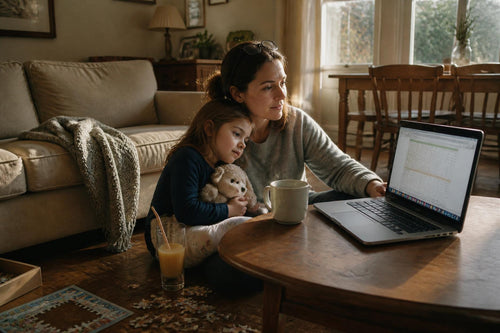 A silver laptop computer sits on a round wooden coffee table next to a white ceramic mug and a glass of orange juice. A small plush teddy bear is held by a child who is sitting on the floor with an adult near a beige sofa.